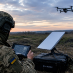 A Ukrainian soldier uses satellite