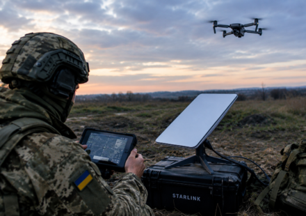 A Ukrainian soldier uses satellite