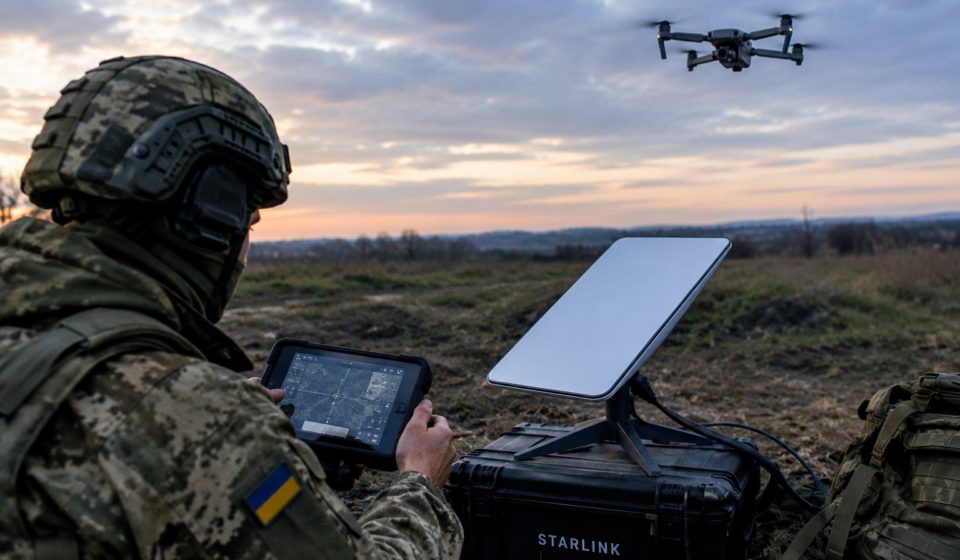 A Ukrainian soldier uses satellite