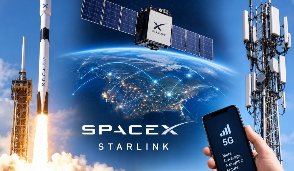 SpaceX Moves Toward a New US Mobile Network With Ambitious Cell-Site Strategy Conceptual illustration of a SpaceX rocket, Starlink satellite, cellular tower and smartphone representing a planned expansion into the US wireless network market.