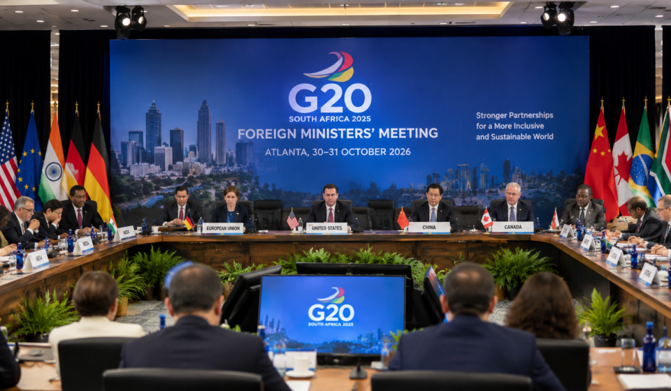 A conference room with international delegates seated around a table during a G20 foreign ministers’ meeting.