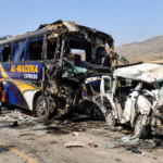 Illustrative image of a severely damaged passenger bus and van after a road collision.