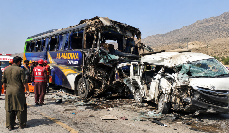 Illustrative image of a severely damaged passenger bus and van after a road collision.