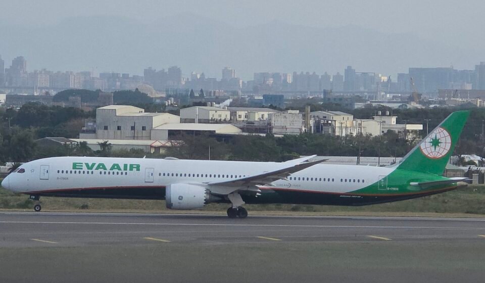 EVA Airways Boeing 787-10 passenger aircraft at Taiwan Taoyuan International Airport.