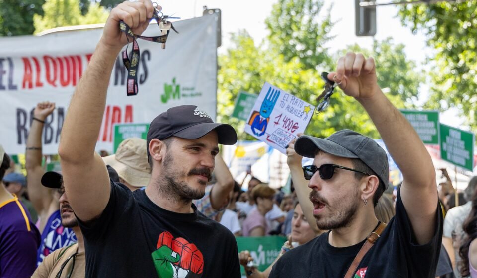 Tens of Thousands Protest Across Spain as Housing Crisis Fuels Public Anger Demonstrators at a housing rights protest in Madrid, Spain
