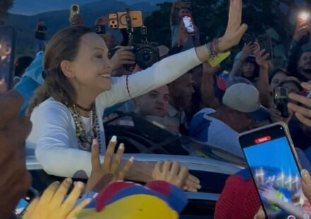 Venezuelan opposition leader María Corina Machado speaking at a public event.