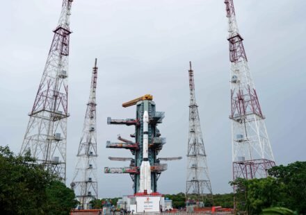 ISRO GSLV-F18 rocket on the launch pad ahead of the NVS-03 navigation satellite mission.
