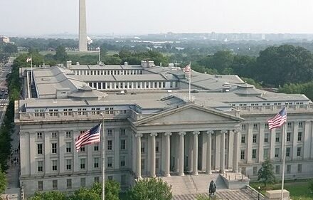 The US Treasury Department building in Washington, DC.