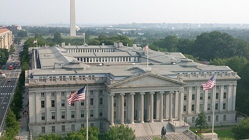 The US Treasury Department building in Washington, DC.