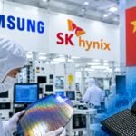 Semiconductor cleanroom with a worker inspecting a silicon wafer, Samsung and SK Hynix branding, and NAND flash memory chips.