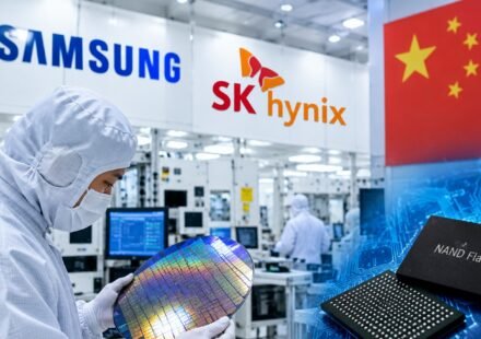 Semiconductor cleanroom with a worker inspecting a silicon wafer, Samsung and SK Hynix branding, and NAND flash memory chips.