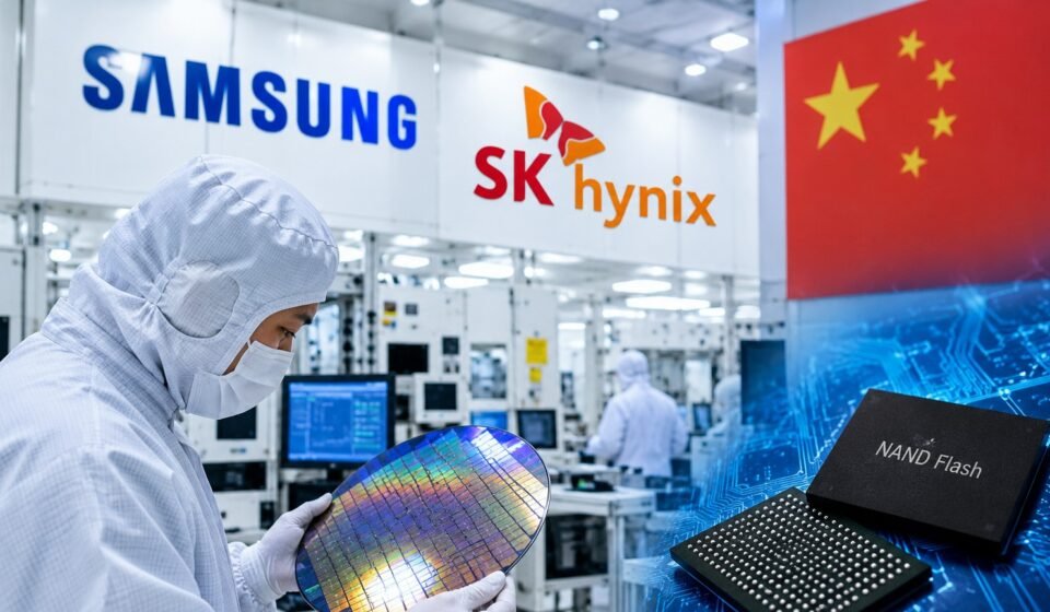 Semiconductor cleanroom with a worker inspecting a silicon wafer, Samsung and SK Hynix branding, and NAND flash memory chips.
