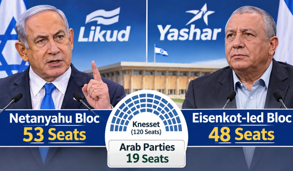 Israel Election Leaves Netanyahu Short of Power as Arab Parties Gain Historic Influence Benjamin Netanyahu and Gadi Eisenkot featured in an Israel election graphic showing the reported parliamentary seat count.