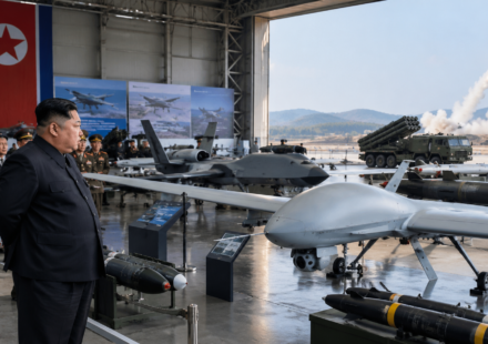 North Korean leader inspecting military drones at an exhibition as a missile launches in the background.