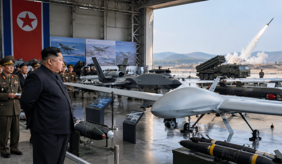 North Korean leader inspecting military drones at an exhibition as a missile launches in the background.