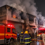 Fire engines and firefighters responding to a nighttime fire at an industrial building.