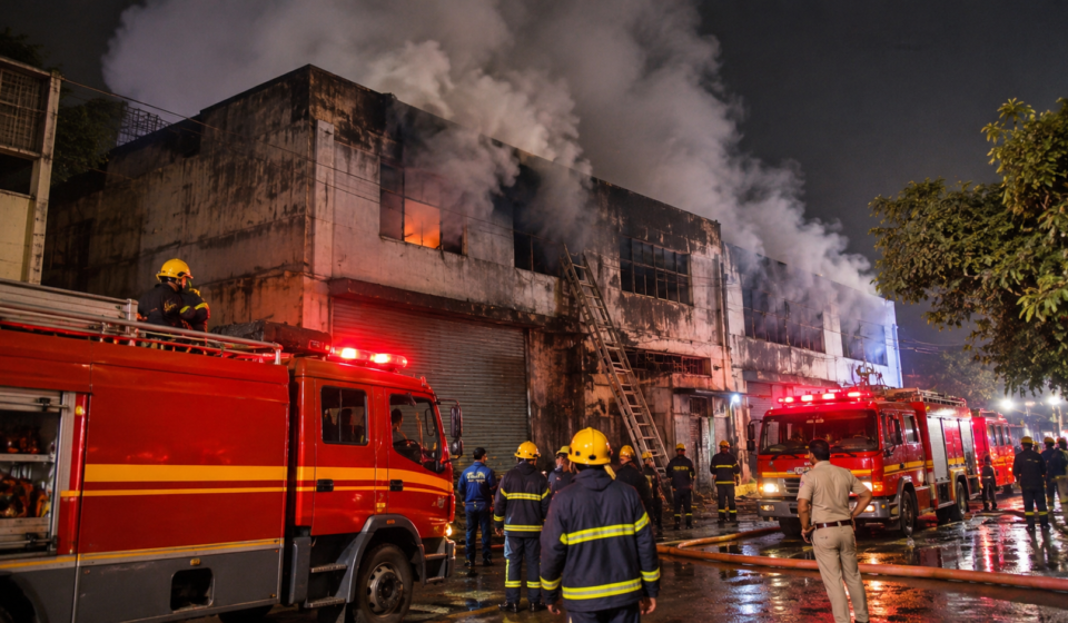 Fire engines and firefighters responding to a nighttime fire at an industrial building.