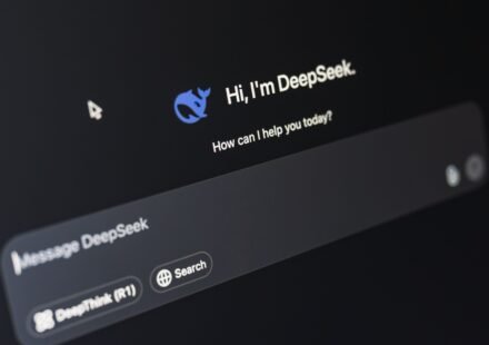 DeepSeek artificial intelligence platform logo on a digital screen.