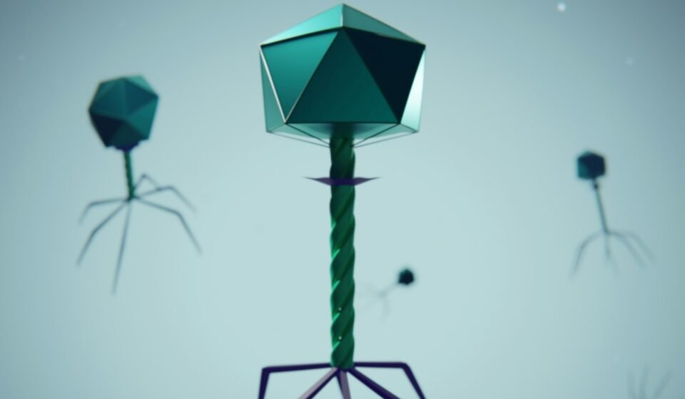Scientific illustration of bacteriophage viruses relevant to research into antibiotic-resistant bacterial infections.