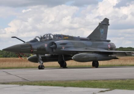 French Mirage 2000D military fighter aircraft used for ground-attack missions.