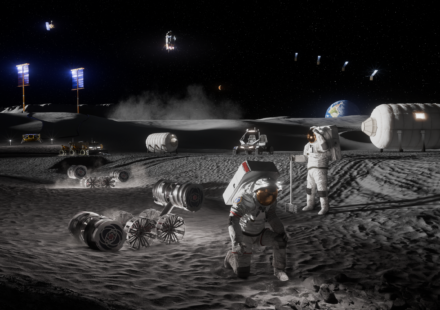 NASA concept illustration of a future Moon Base near the lunar south pole, featuring astronauts, lunar habitats, rovers and equipment for long-term space exploration.